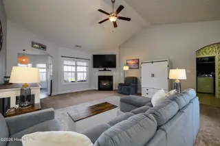 3408 Lefringhouse Lane, New Bern, NC 28562 — 3-bedroom home in Hardee Farms, New Bern, NC, photo 2 of 38: Living Room with Vaulted Ceiling