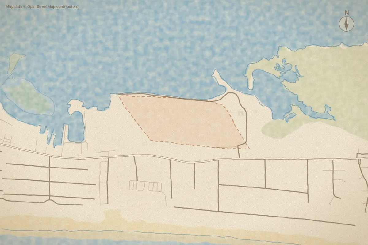 Watercolor map of 8 1/2 Marina Vill in Atlantic Beach, NC, showing its streets, water and surroundings