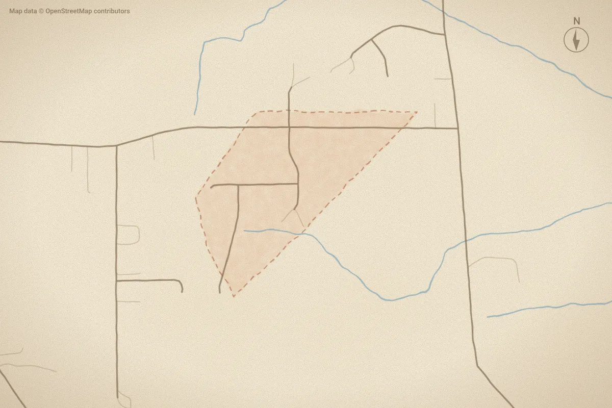 Watercolor map of Abbott Farms in Ayden, NC, showing its streets, water and surroundings