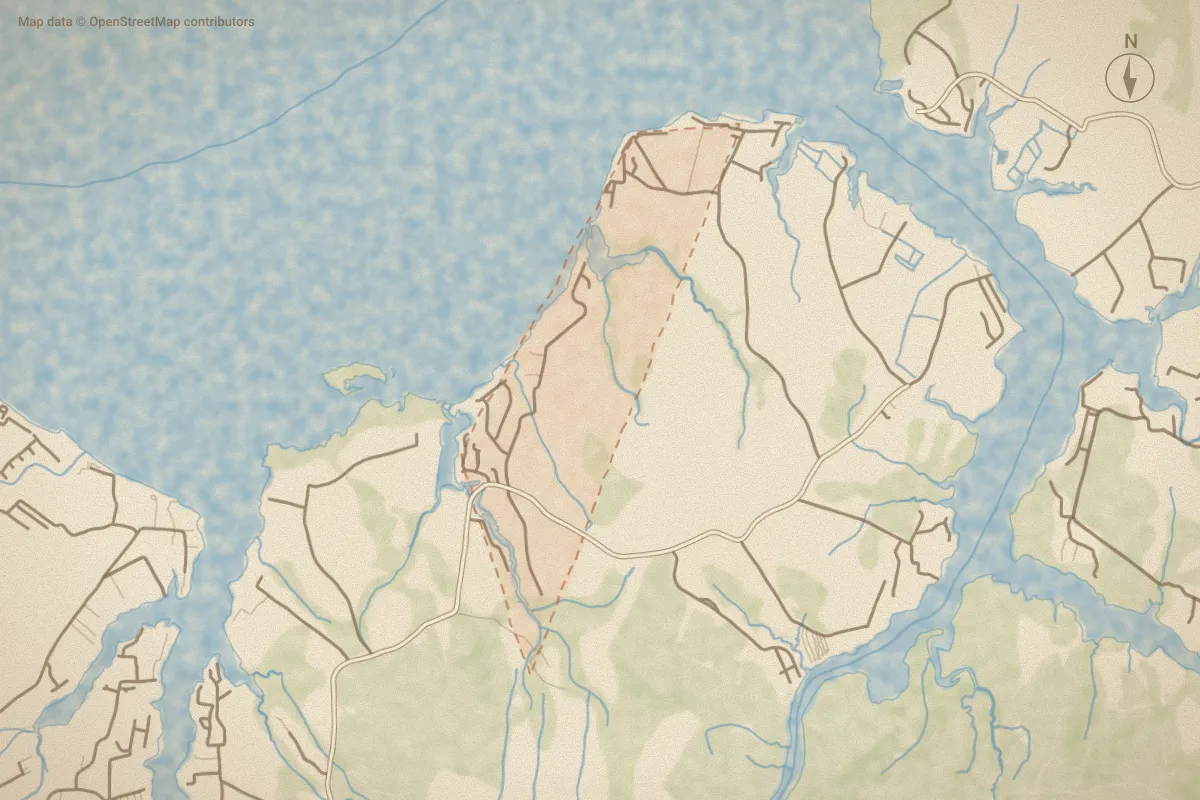 Watercolor map of Adams Creek in Havelock, NC, showing its streets, water and surroundings