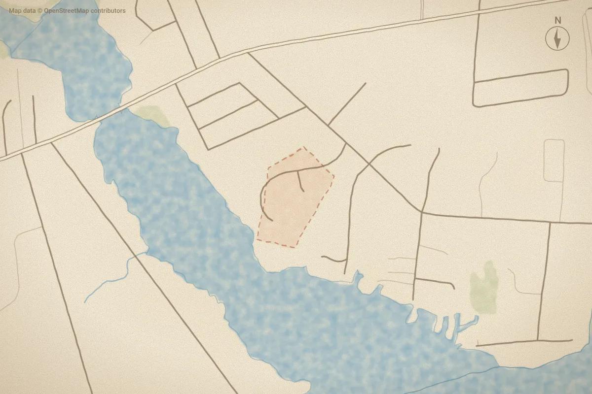 Watercolor map of Adams Harbour in Newport, NC, showing its streets, water and surroundings