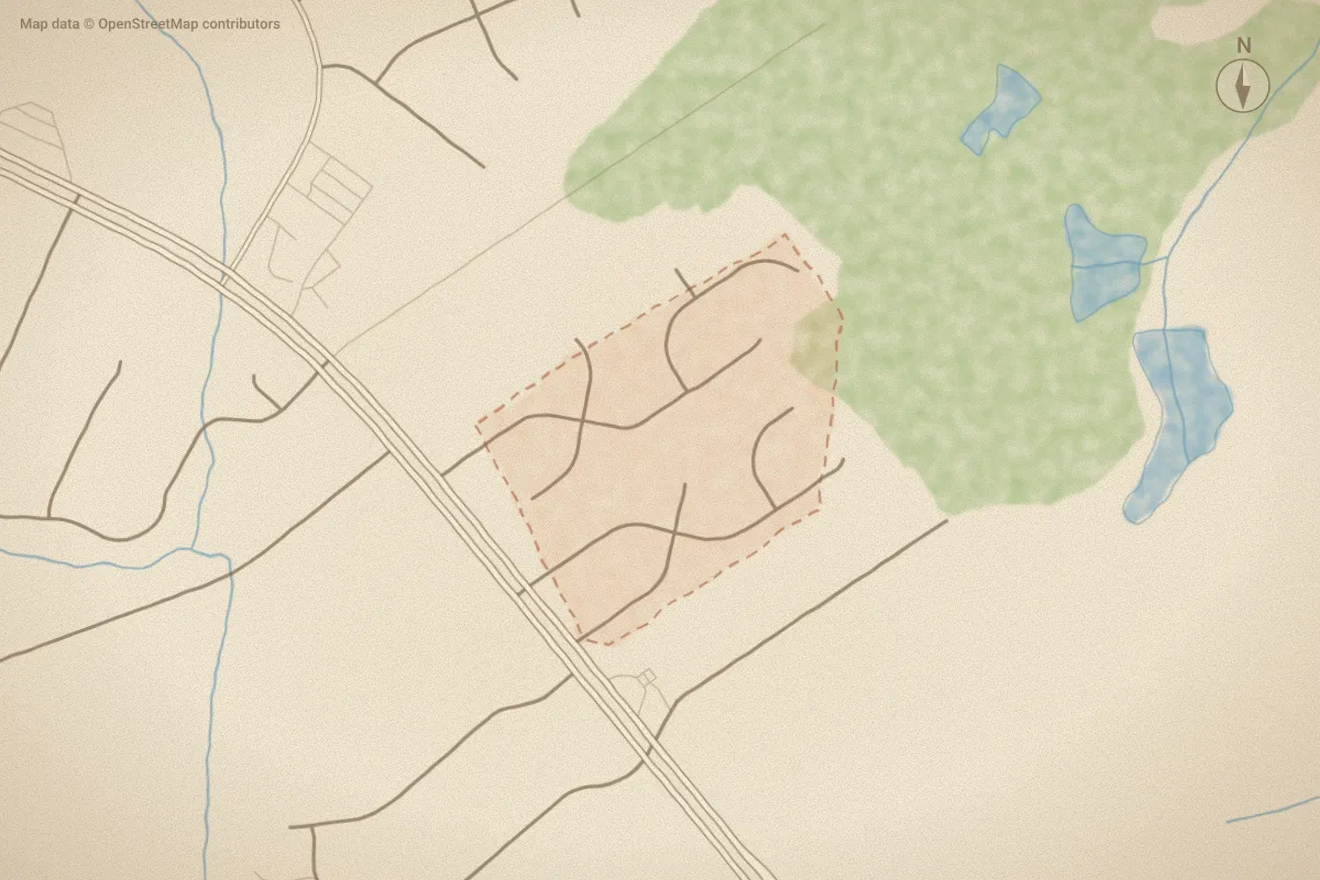 Watercolor map of Adventura East in Wilson, NC, showing its streets, water and surroundings