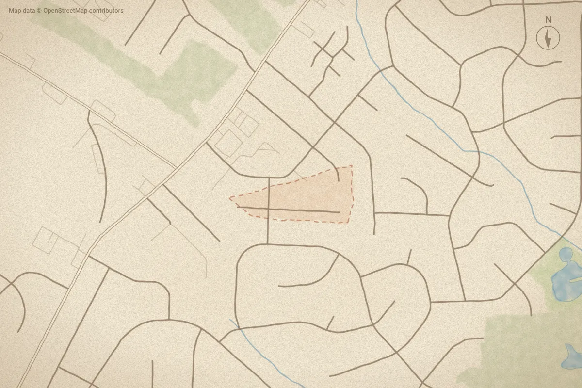 Watercolor map of Airport Park in Wilson, NC, showing its streets, water and surroundings