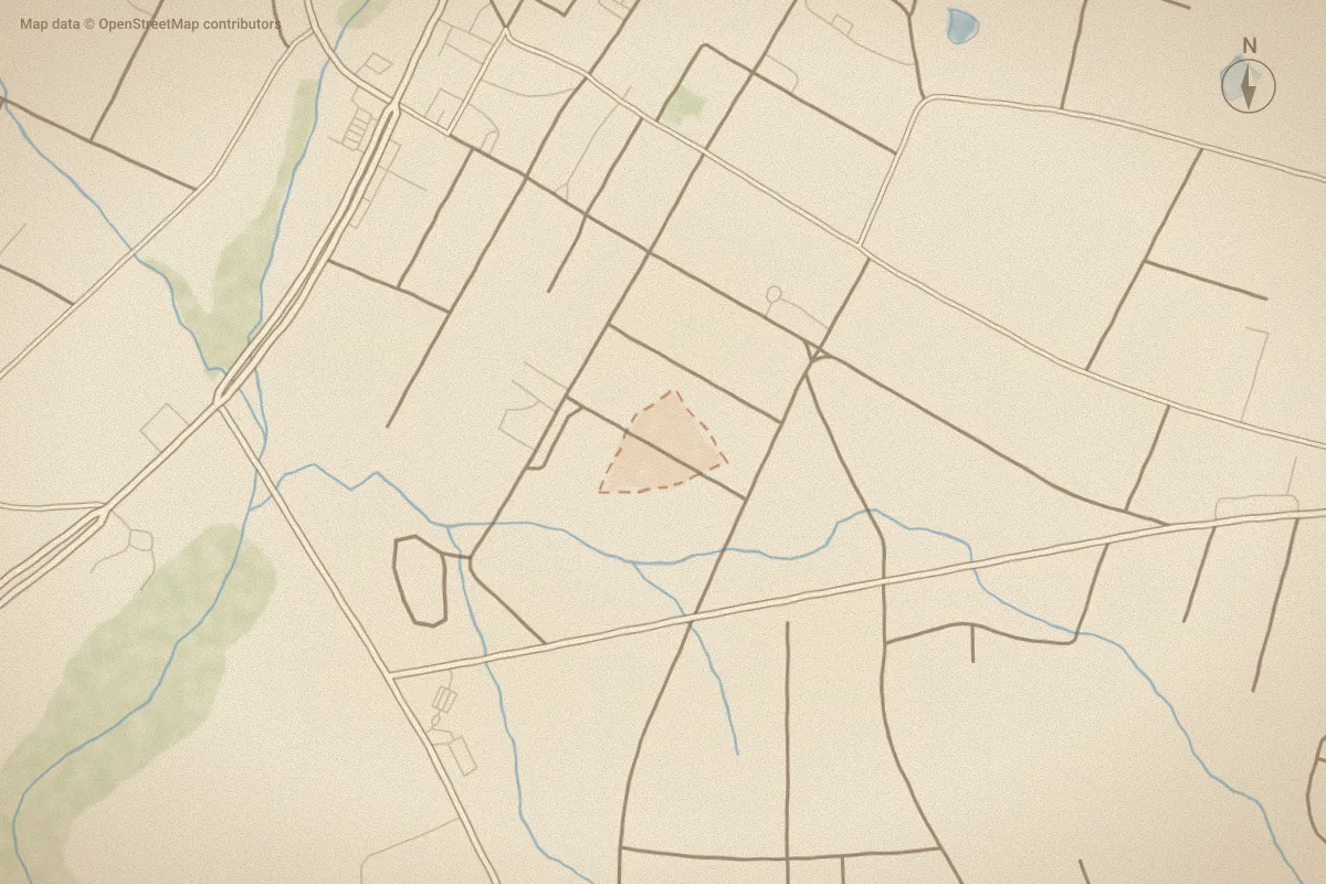 Watercolor map of Allen Dev in Aberdeen, NC, showing its streets, water and surroundings