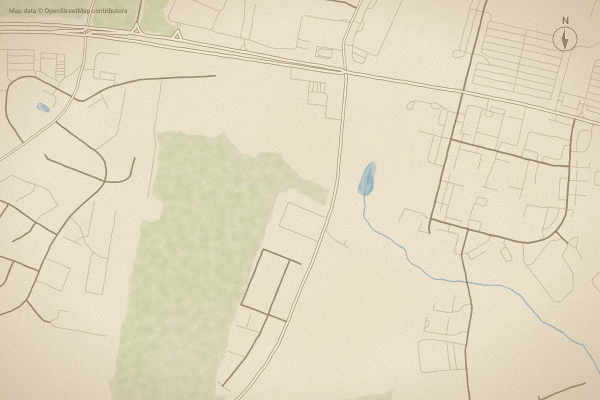 Watercolor map of Allenton Estates in Greenville, NC, showing its streets, water and surroundings