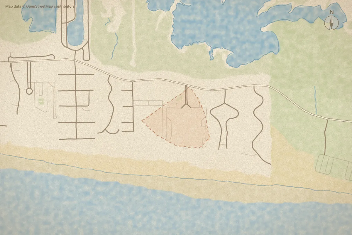 Watercolor map of APATB in Atlantic Beach, NC, showing its streets, water and surroundings