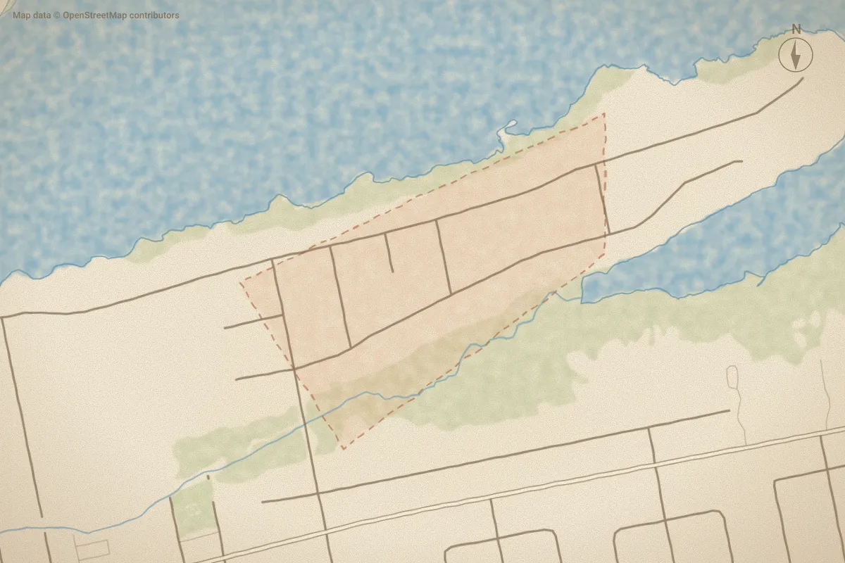 Watercolor map of Archers Creek in Emerald Isle, NC, showing its streets, water and surroundings