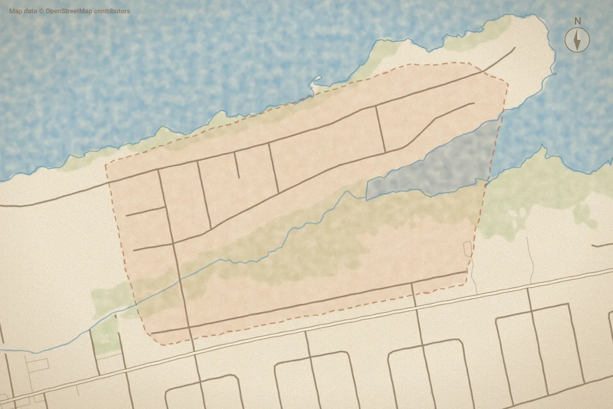 Watercolor map of Archers Point in Emerald Isle, NC, showing its streets, water and surroundings