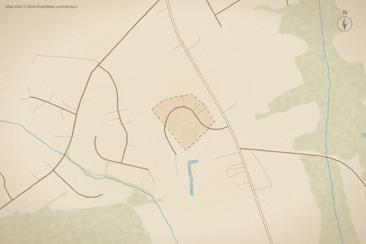 Watercolor map of Ashburn Acres in Greenville, NC, showing its streets, water and surroundings