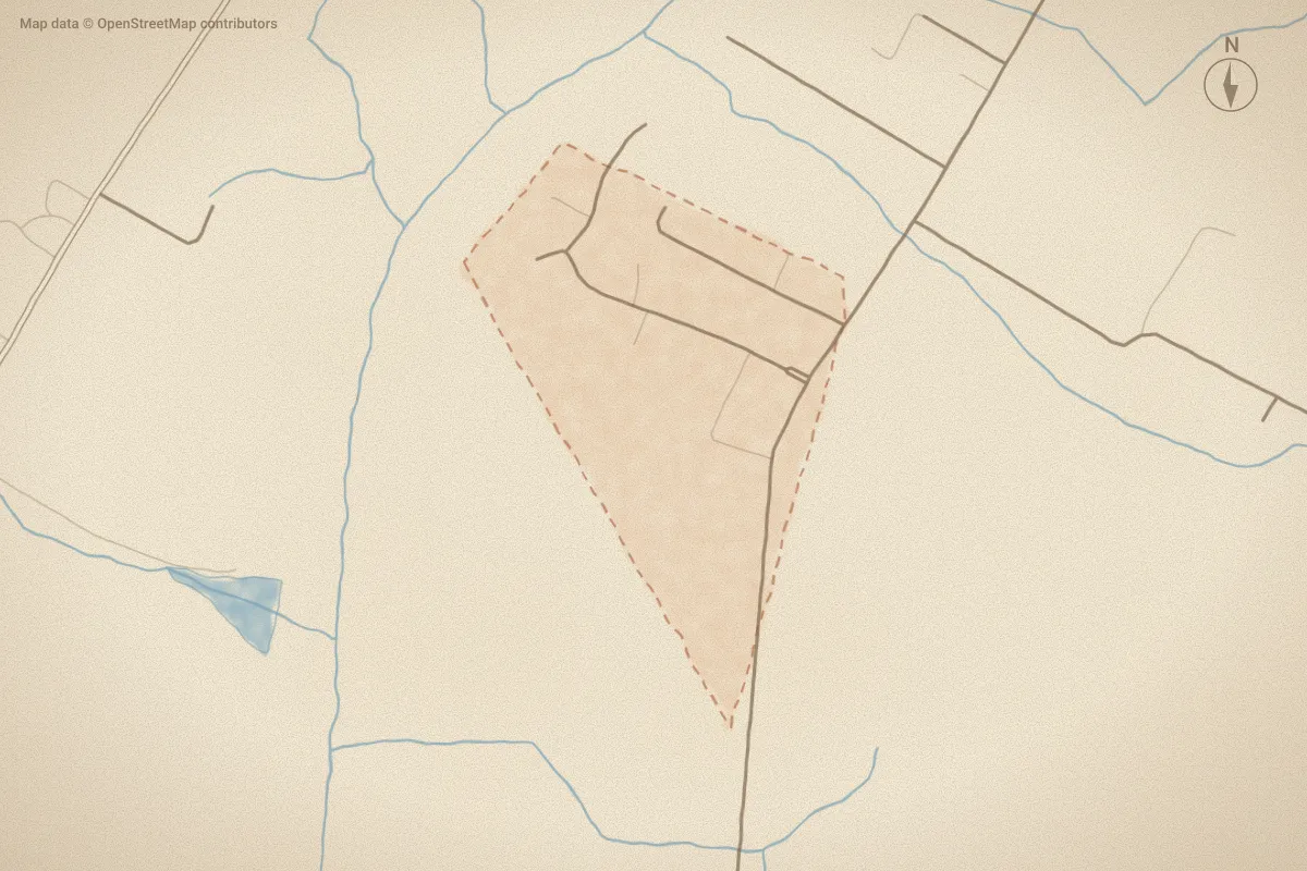 Watercolor map of Ashbury in Ayden, NC, showing its streets, water and surroundings