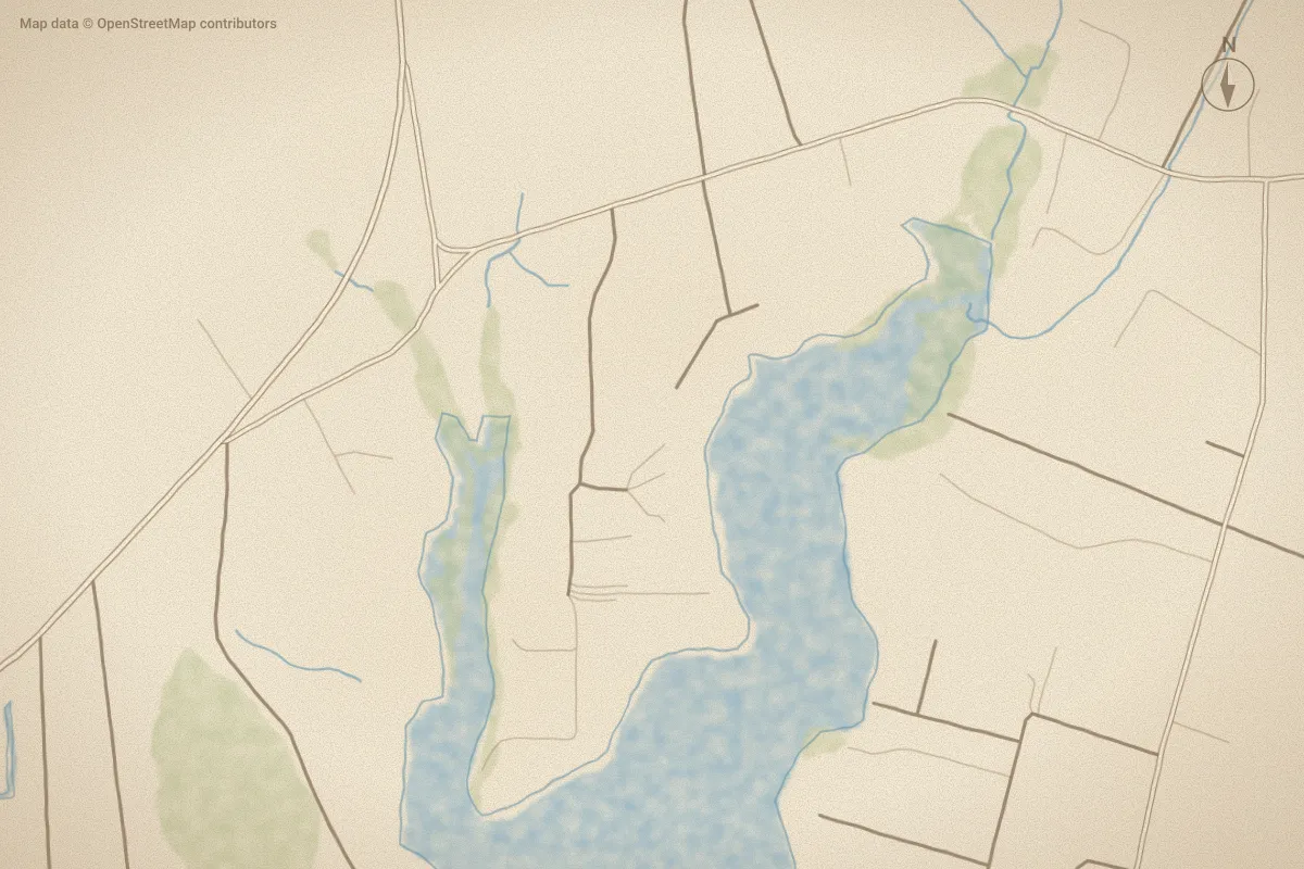 Watercolor map of Avalon in Beaufort, NC, showing its streets, water and surroundings