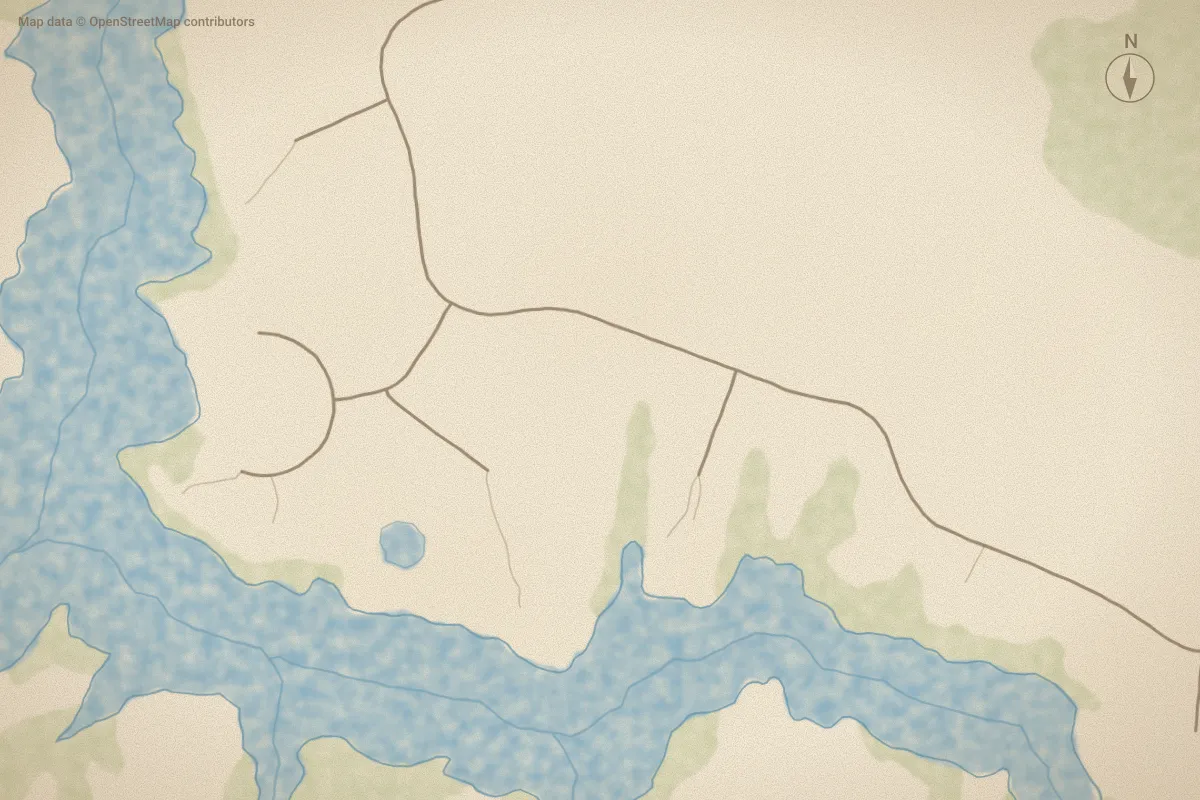 Watercolor map of Bailey Pointe in Belhaven, NC, showing its streets, water and surroundings