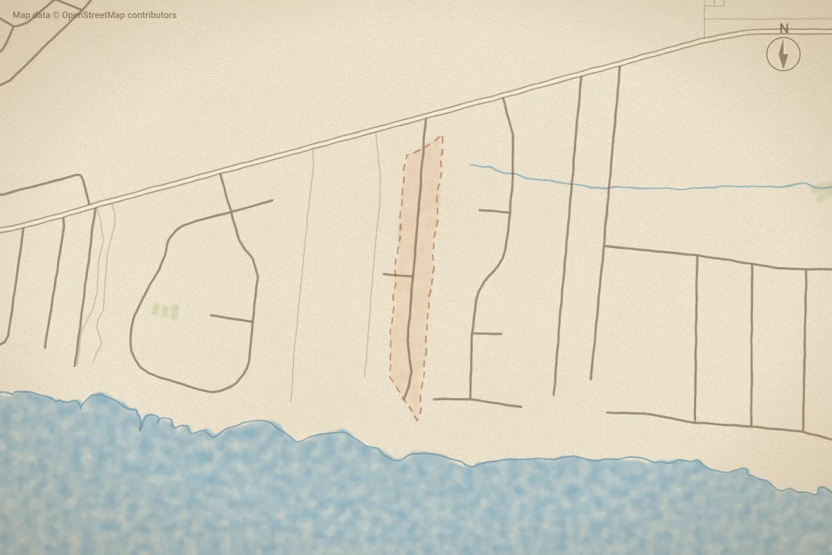 Watercolor map of Bay Colony in Morehead City, NC, showing its streets, water and surroundings