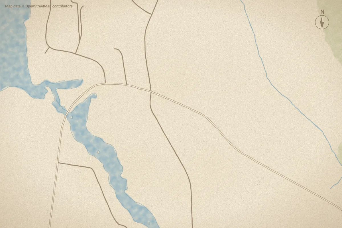 Watercolor map of Baytree Landing in Havelock, NC, showing its streets, water and surroundings