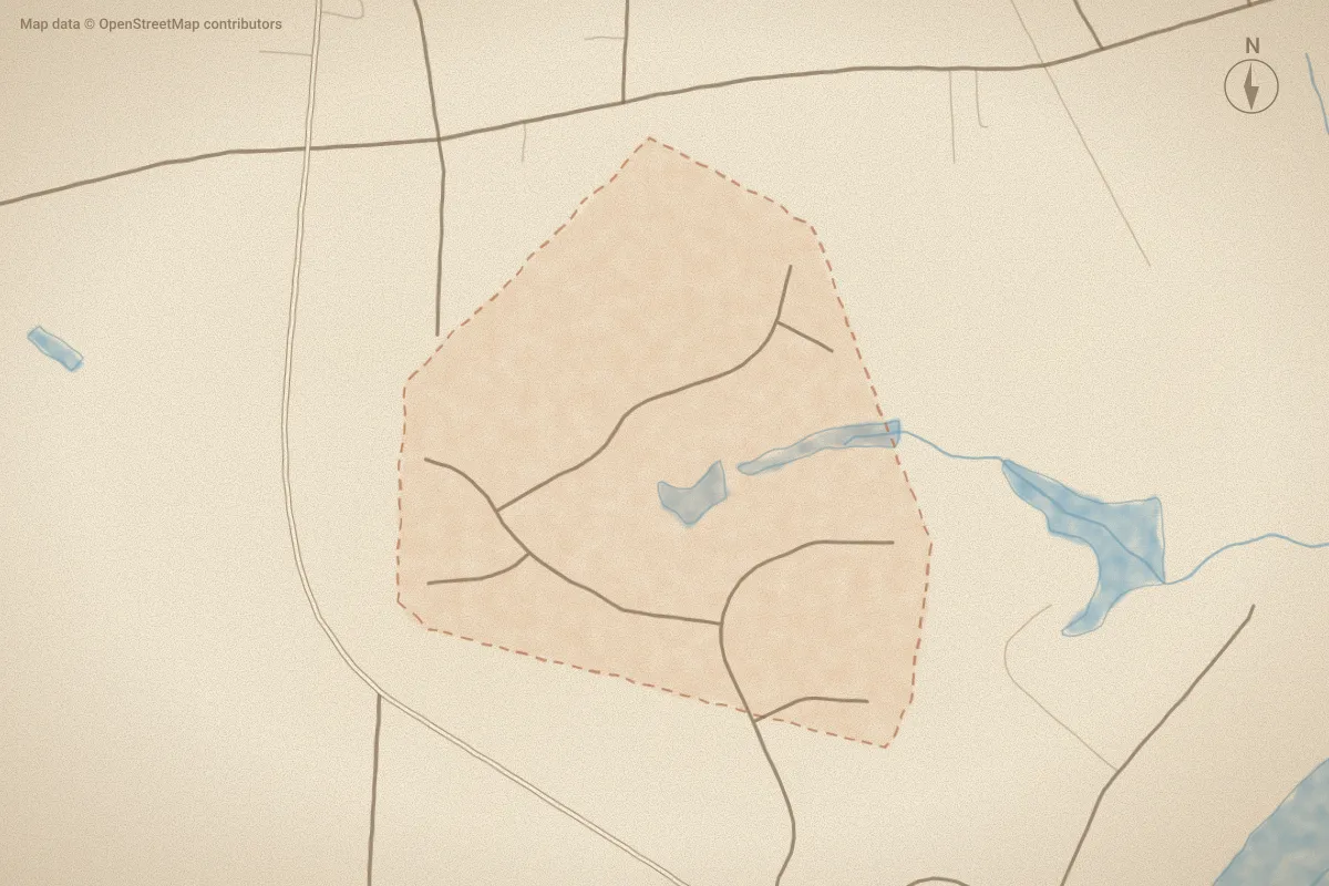 Watercolor map of Baywood in Rocky Mount, NC, showing its streets, water and surroundings