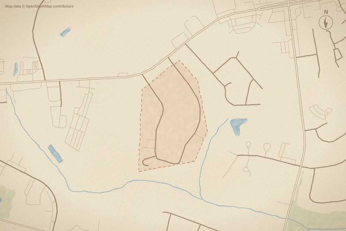 Watercolor map of Baywood in Winterville, NC, showing its streets, water and surroundings