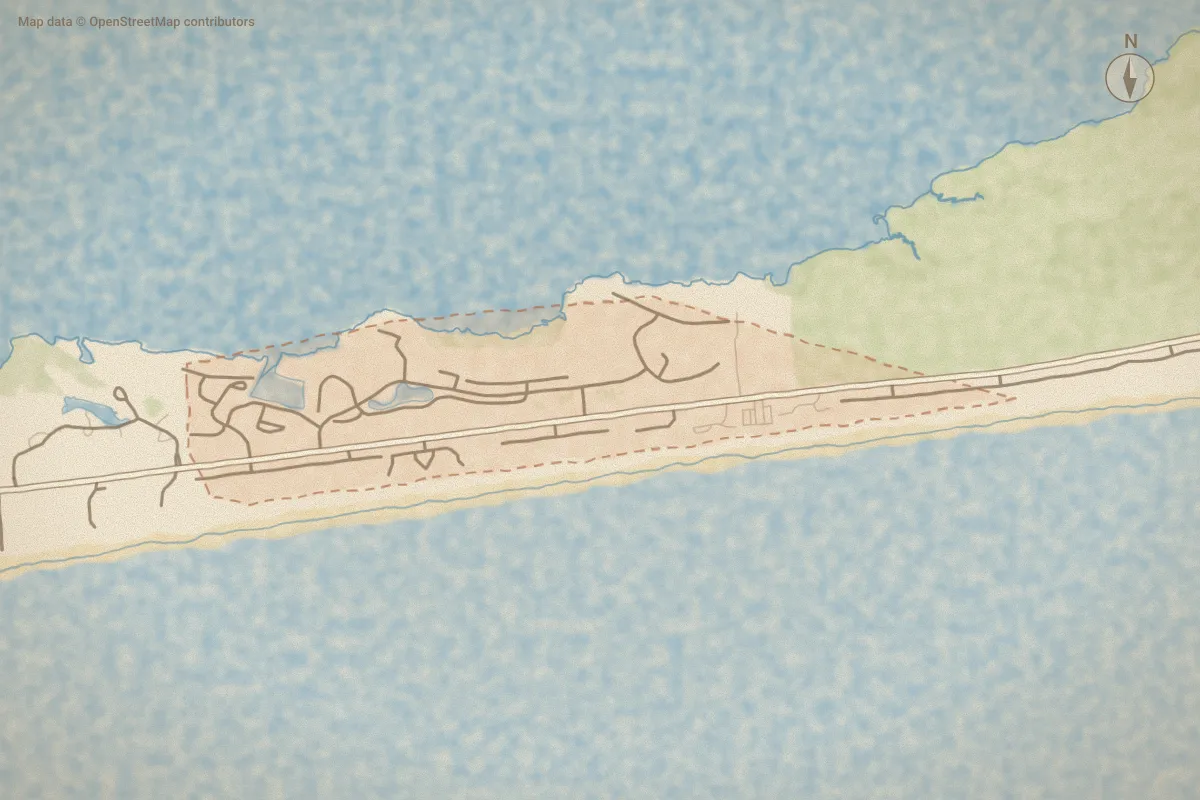 Watercolor map of Beacon's Reach in Pine Knoll Shores, NC, showing its streets, water and surroundings
