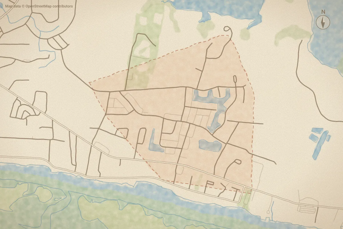 Watercolor map of Beau Coast in Beaufort, NC, showing its streets, water and surroundings