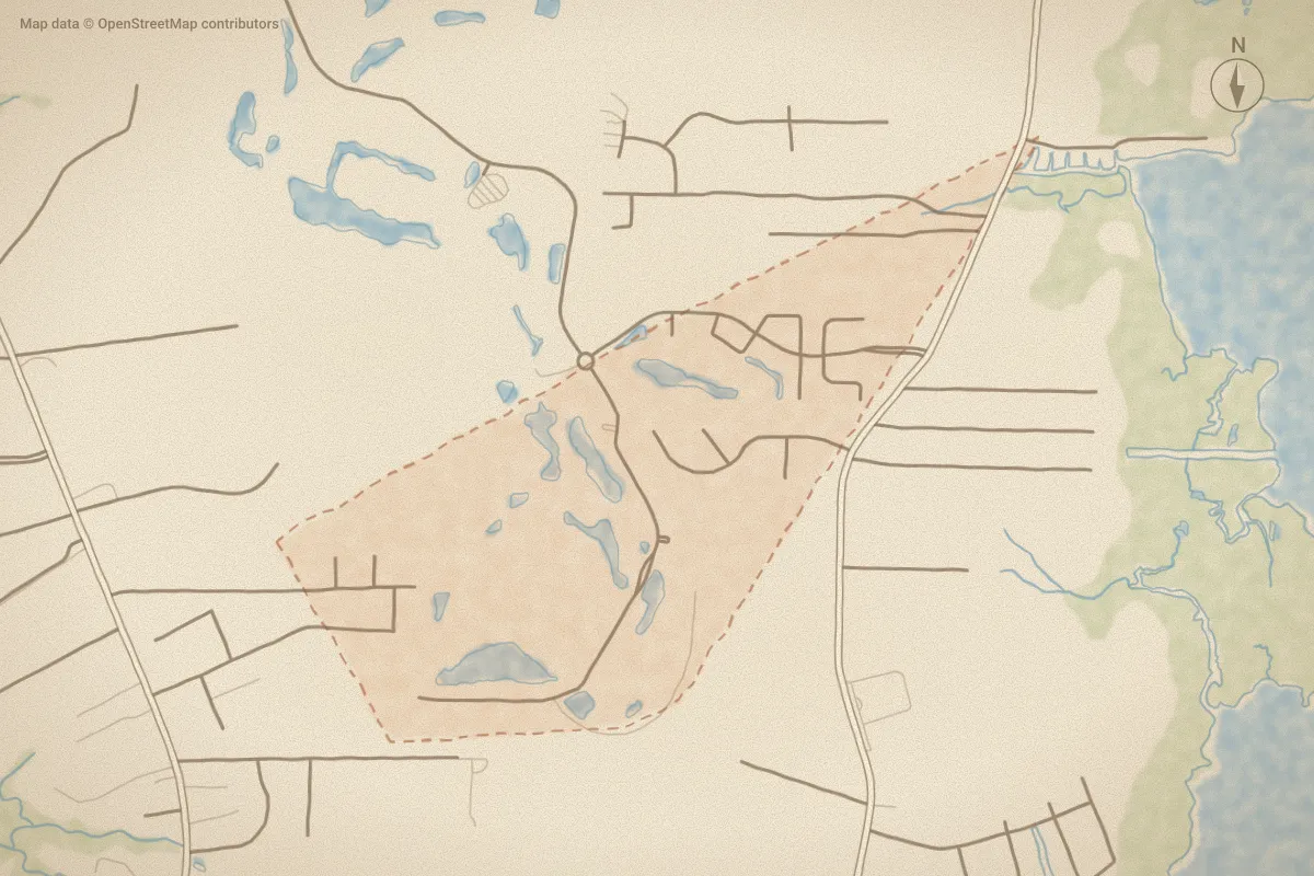Watercolor map of Beaufort Club in Beaufort, NC, showing its streets, water and surroundings
