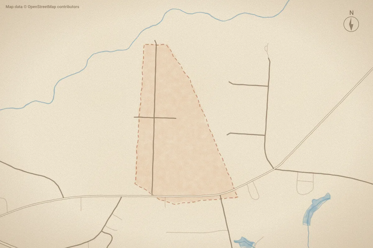 Watercolor map of Beaver Dam Crossing in Bailey, NC, showing its streets, water and surroundings