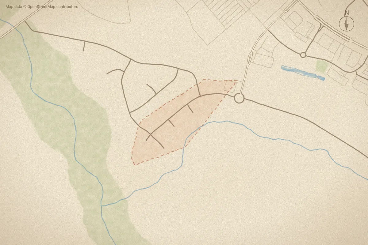 Watercolor map of Bedford Place in Wilson, NC, showing its streets, water and surroundings