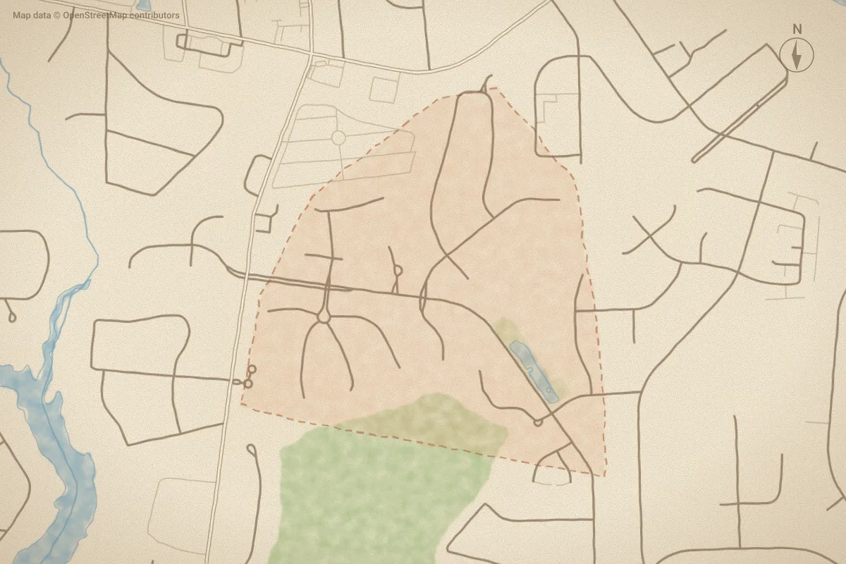 Watercolor map of Bellefern in New Bern, NC, showing its streets, water and surroundings