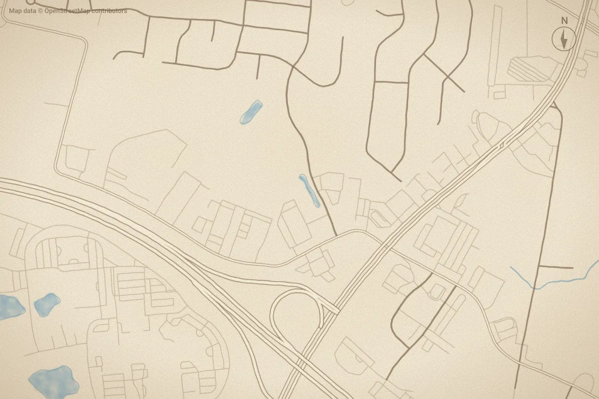 Watercolor map of Belmont Lake Preserve in Rocky Mount, NC, showing its streets, water and surroundings