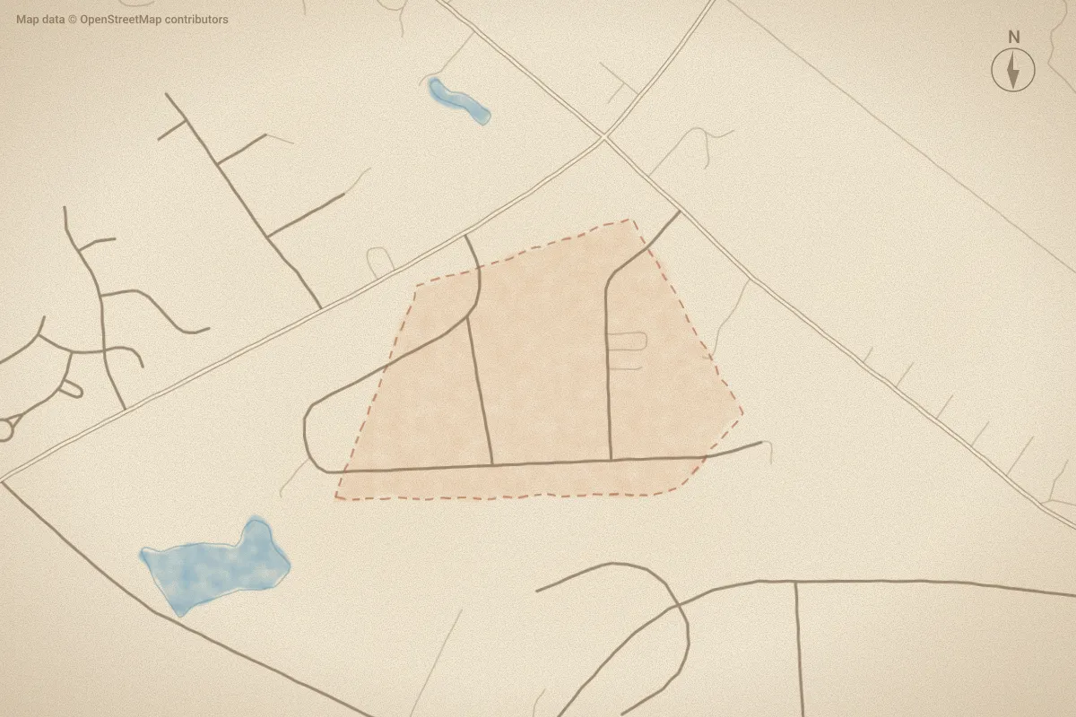Watercolor map of Benbrook in Nashville, NC, showing its streets, water and surroundings