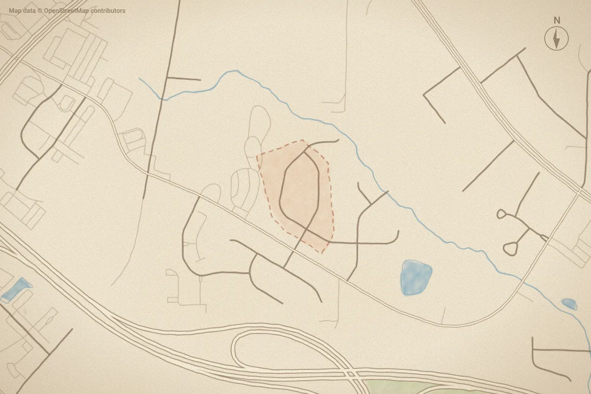 Watercolor map of Bent Creek in Rocky Mount, NC, showing its streets, water and surroundings