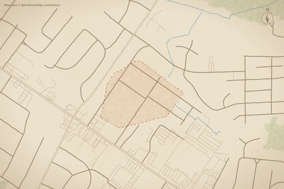 Watercolor map of Bernview Park in New Bern, NC, showing its streets, water and surroundings