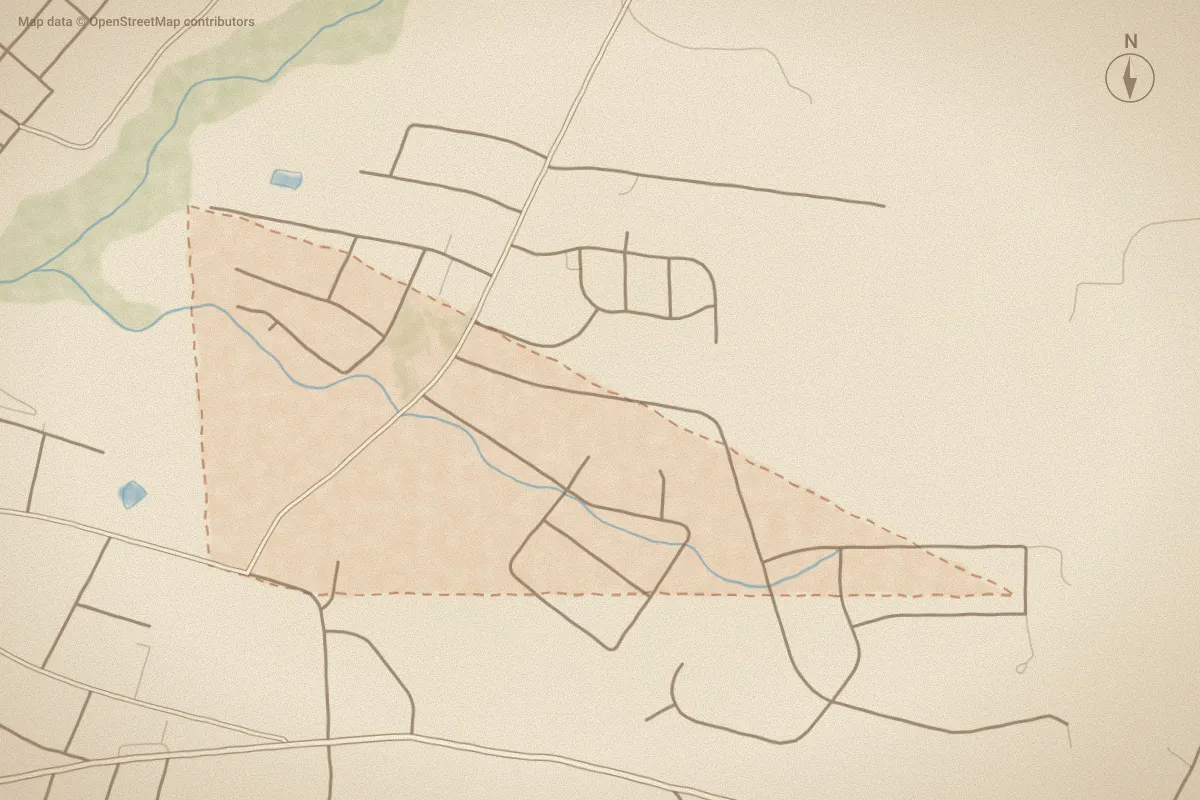 Watercolor map of Bethesda in Aberdeen, NC, showing its streets, water and surroundings
