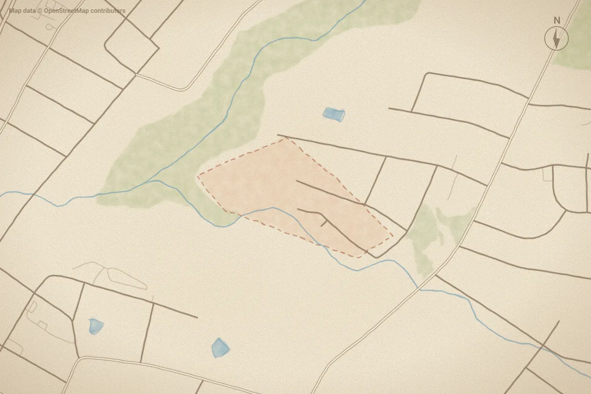 Watercolor map of Bethesda Forest in Aberdeen, NC, showing its streets, water and surroundings