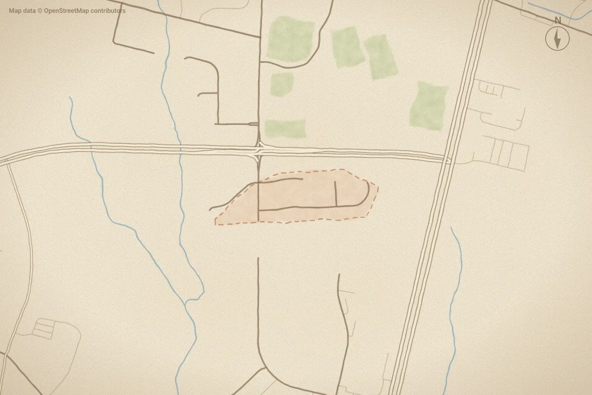 Watercolor map of Bishops Row in Rocky Mount, NC, showing its streets, water and surroundings