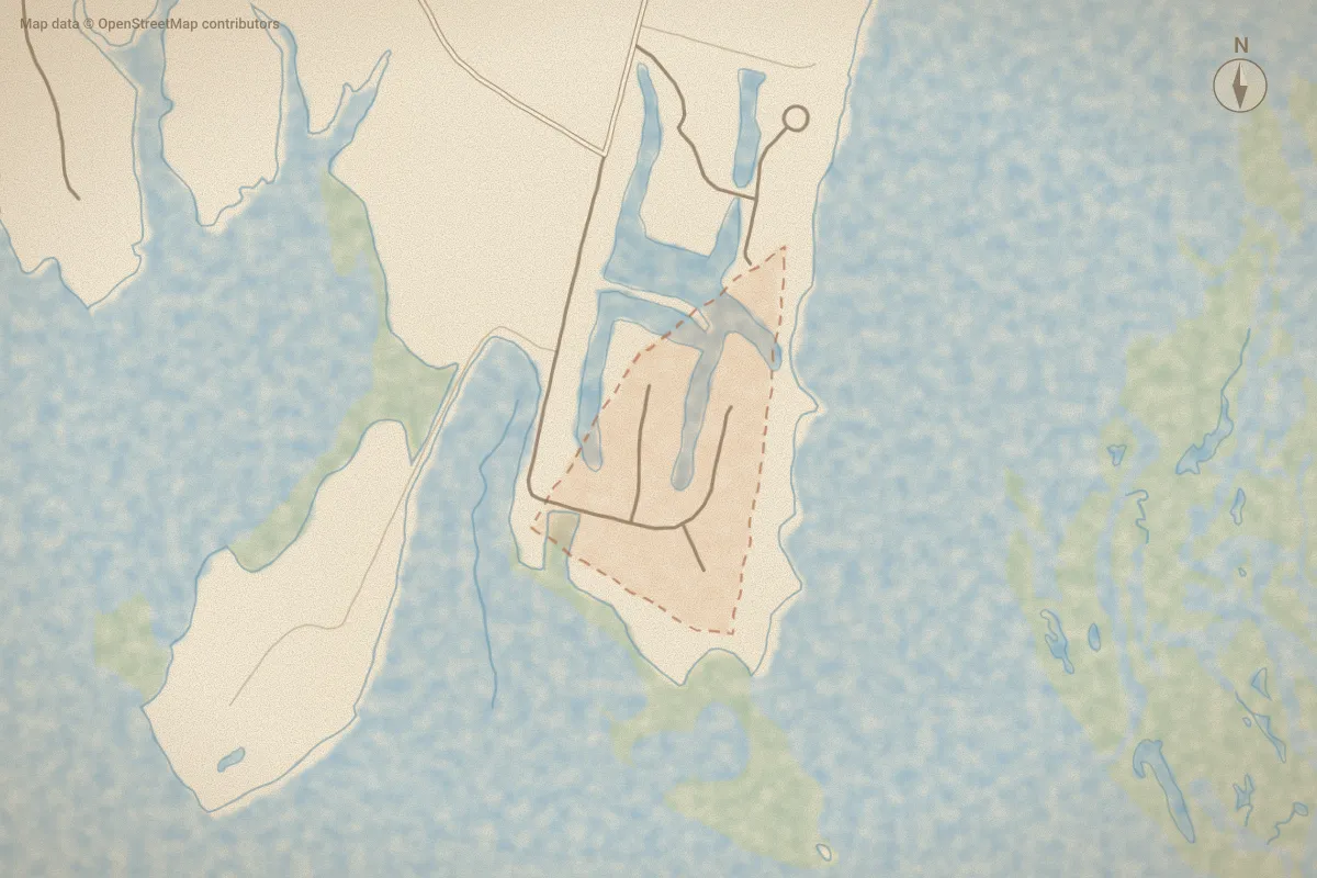 Watercolor map of Blair Pointe in Morehead City, NC, showing its streets, water and surroundings