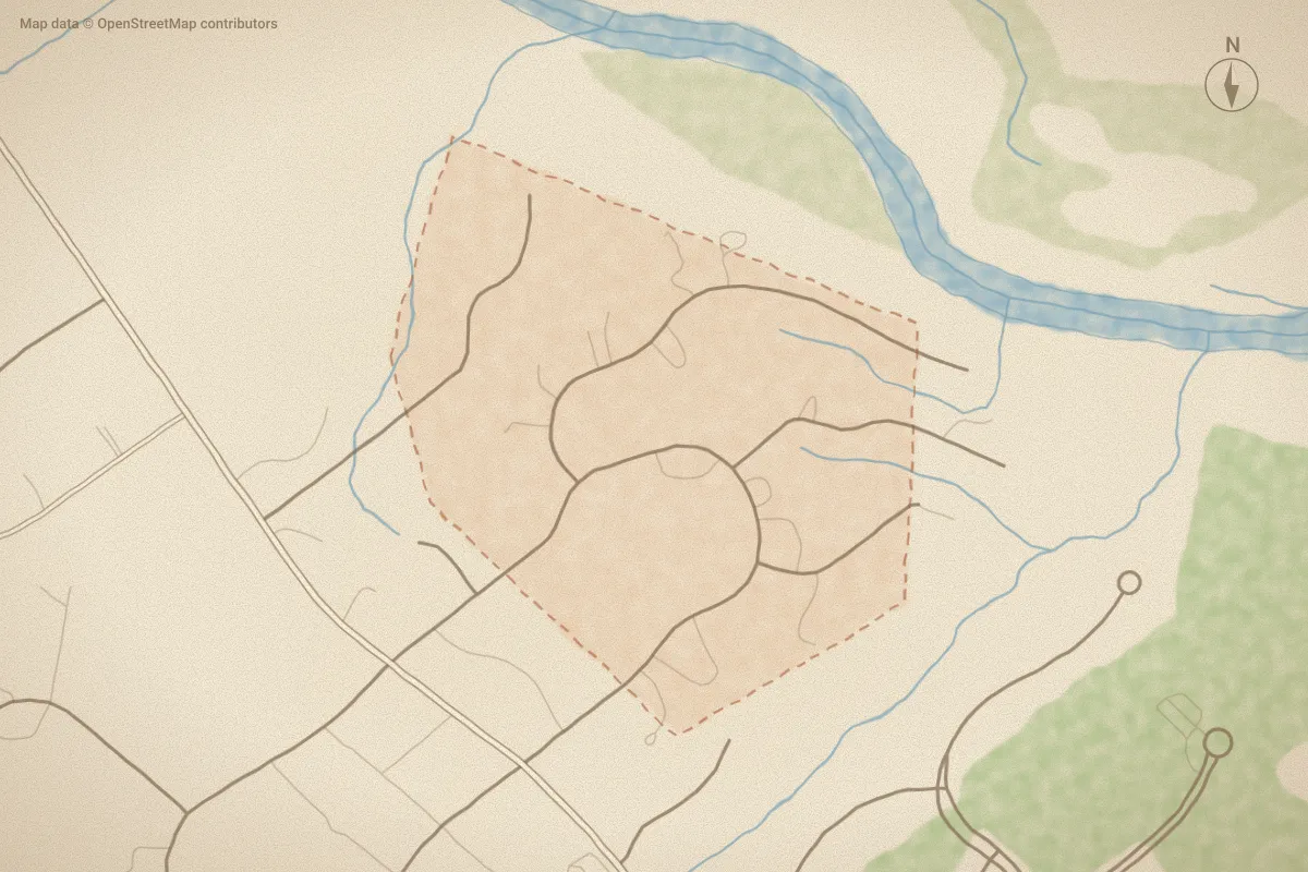 Watercolor map of Blue Banks in Greenville, NC, showing its streets, water and surroundings