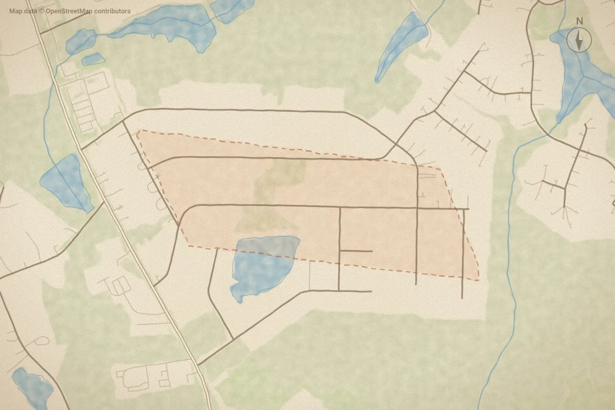 Watercolor map of Blues Farm in Whispering Pines, NC, showing its streets, water and surroundings