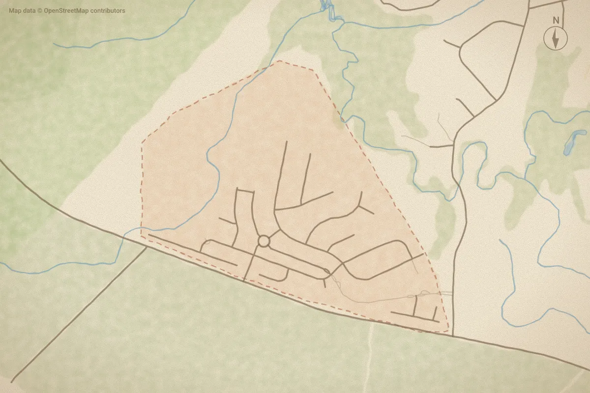 Watercolor map of Bluewater Rise in New Bern, NC, showing its streets, water and surroundings