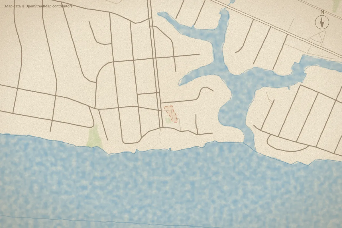 Watercolor map of Bluff's View in Morehead City, NC, showing its streets, water and surroundings