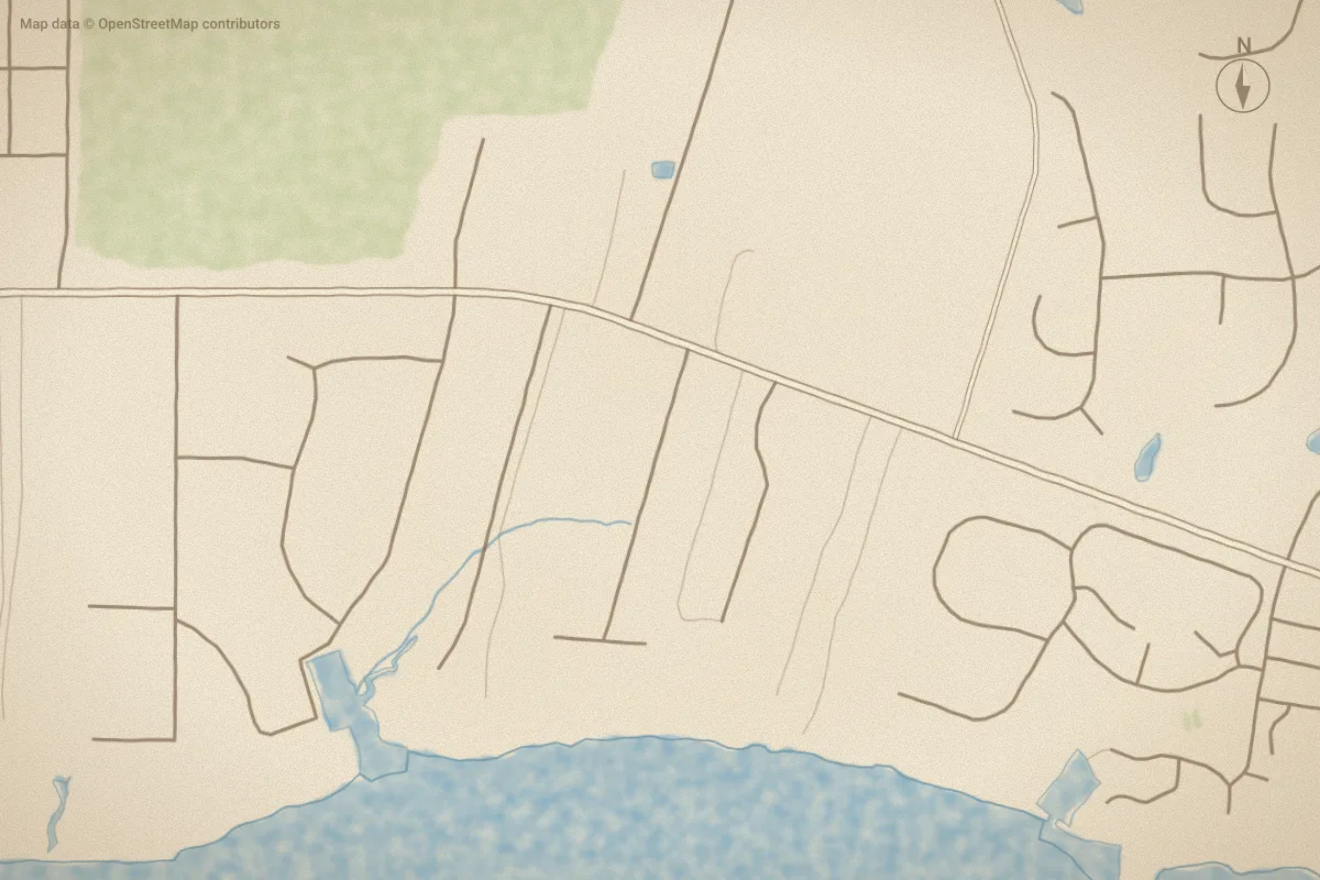 Watercolor map of Bogue Landing in Newport, NC, showing its streets, water and surroundings