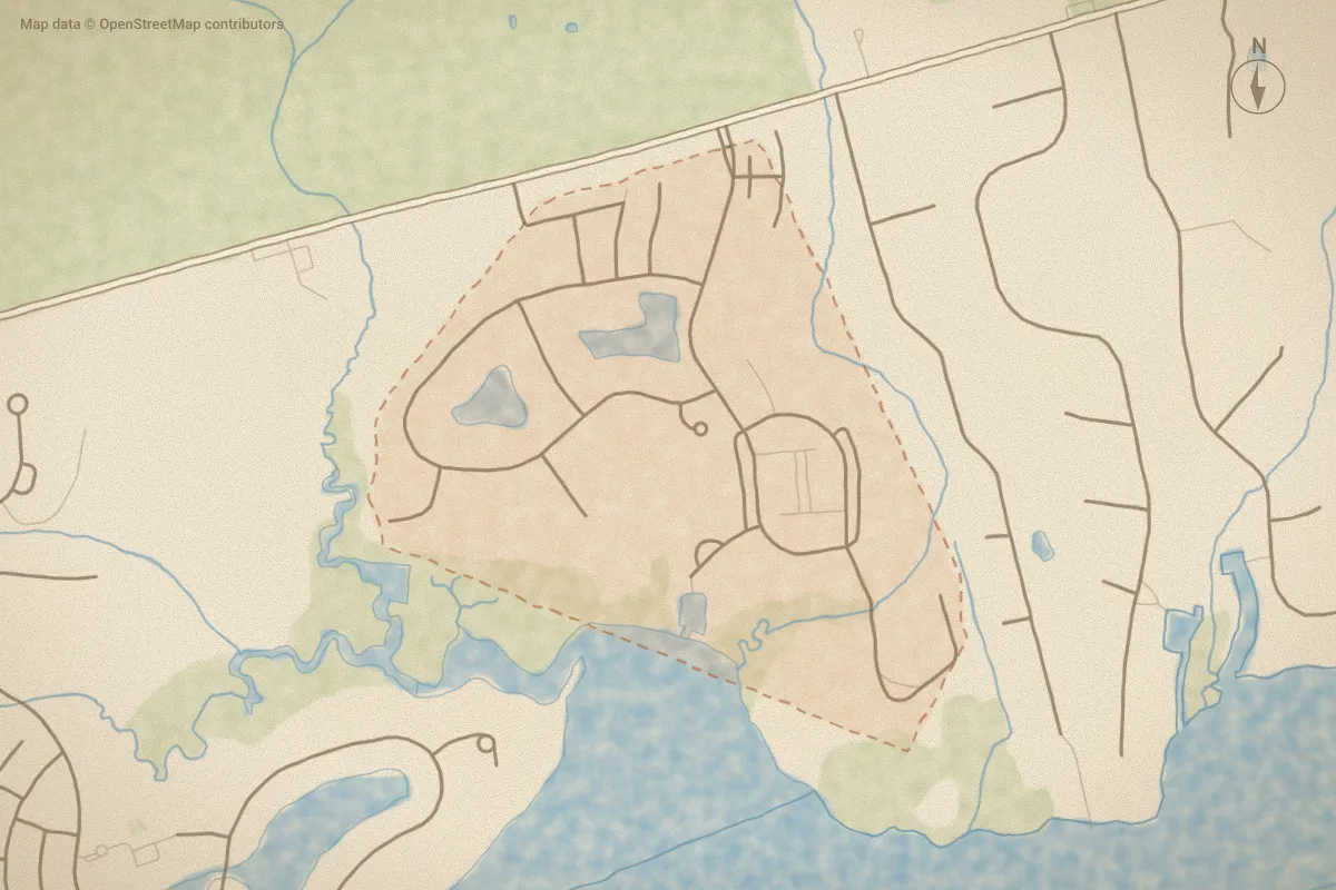 Watercolor map of Bogue Watch in Newport, NC, showing its streets, water and surroundings