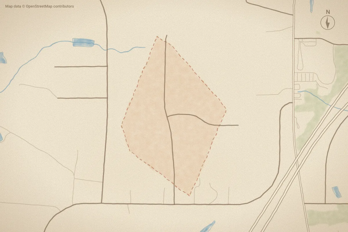 Watercolor map of Bones Acres in Elm City, NC, showing its streets, water and surroundings