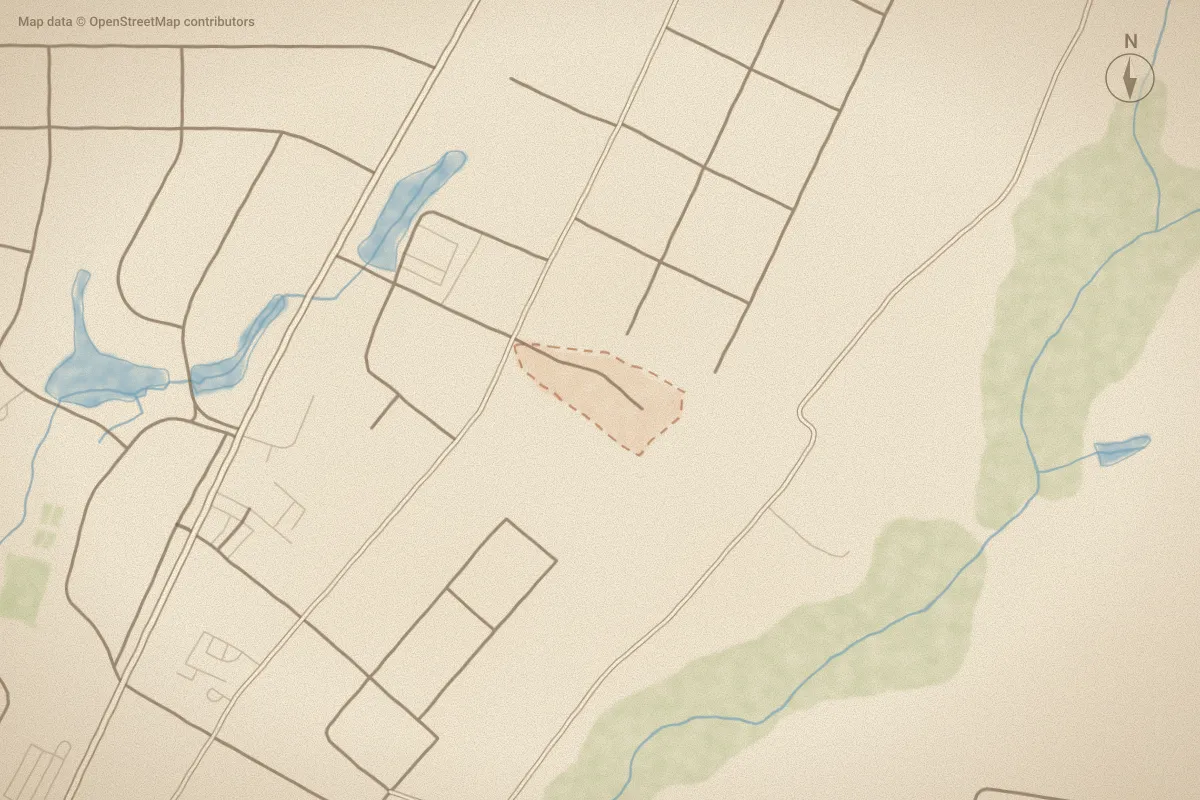 Watercolor map of Bonnie Brook in Aberdeen, NC, showing its streets, water and surroundings