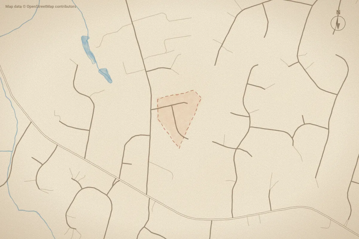 Watercolor map of Brandy Creek West in Greenville, NC, showing its streets, water and surroundings
