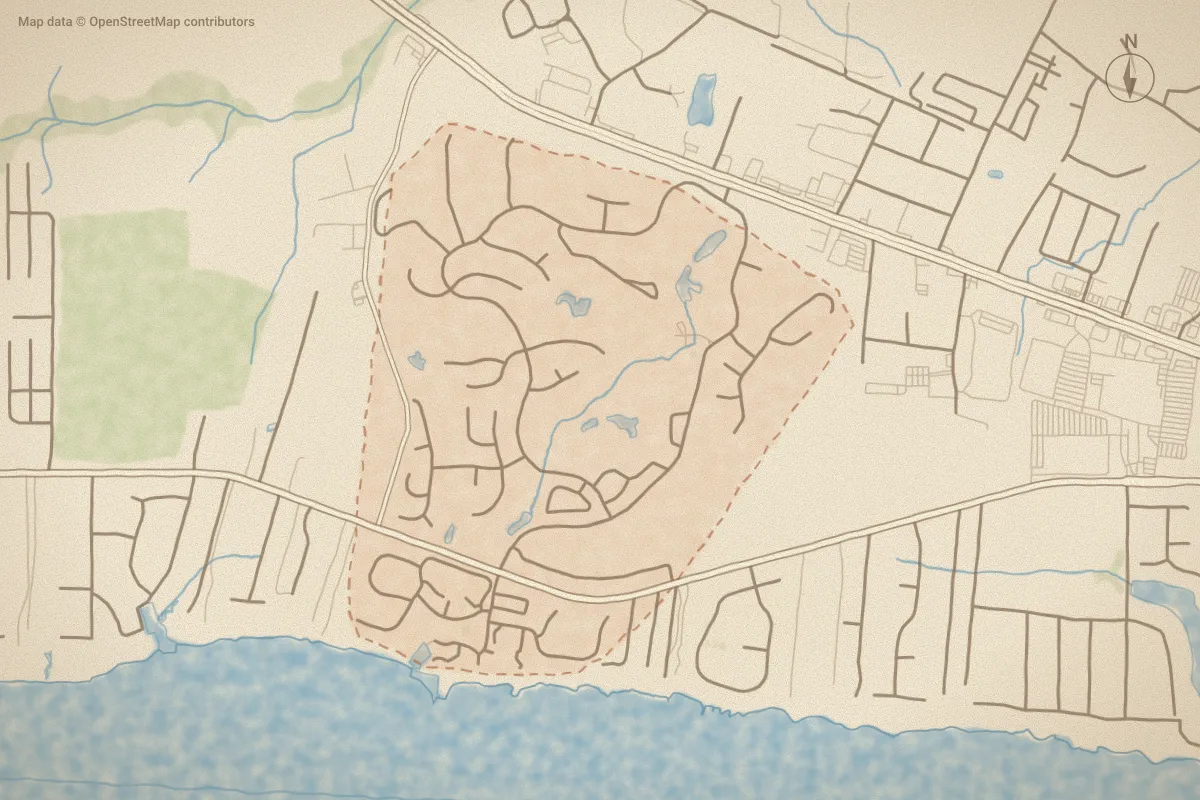 Watercolor map of Brandywine Bay in Morehead City, NC, showing its streets, water and surroundings