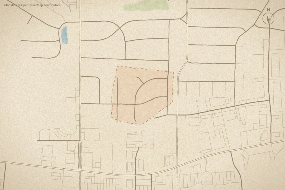 Watercolor map of Breckenridge in Wilson, NC, showing its streets, water and surroundings
