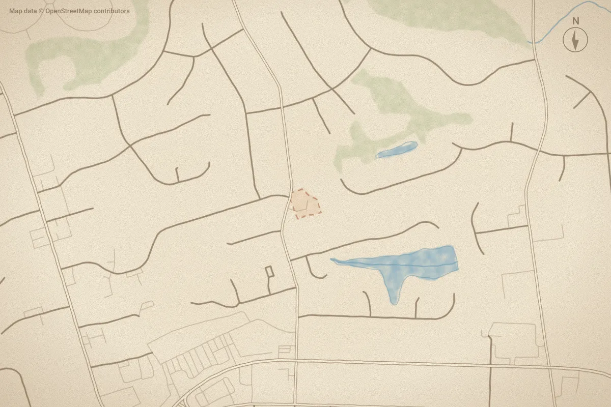 Watercolor map of Brentwood Place in Wilson, NC, showing its streets, water and surroundings