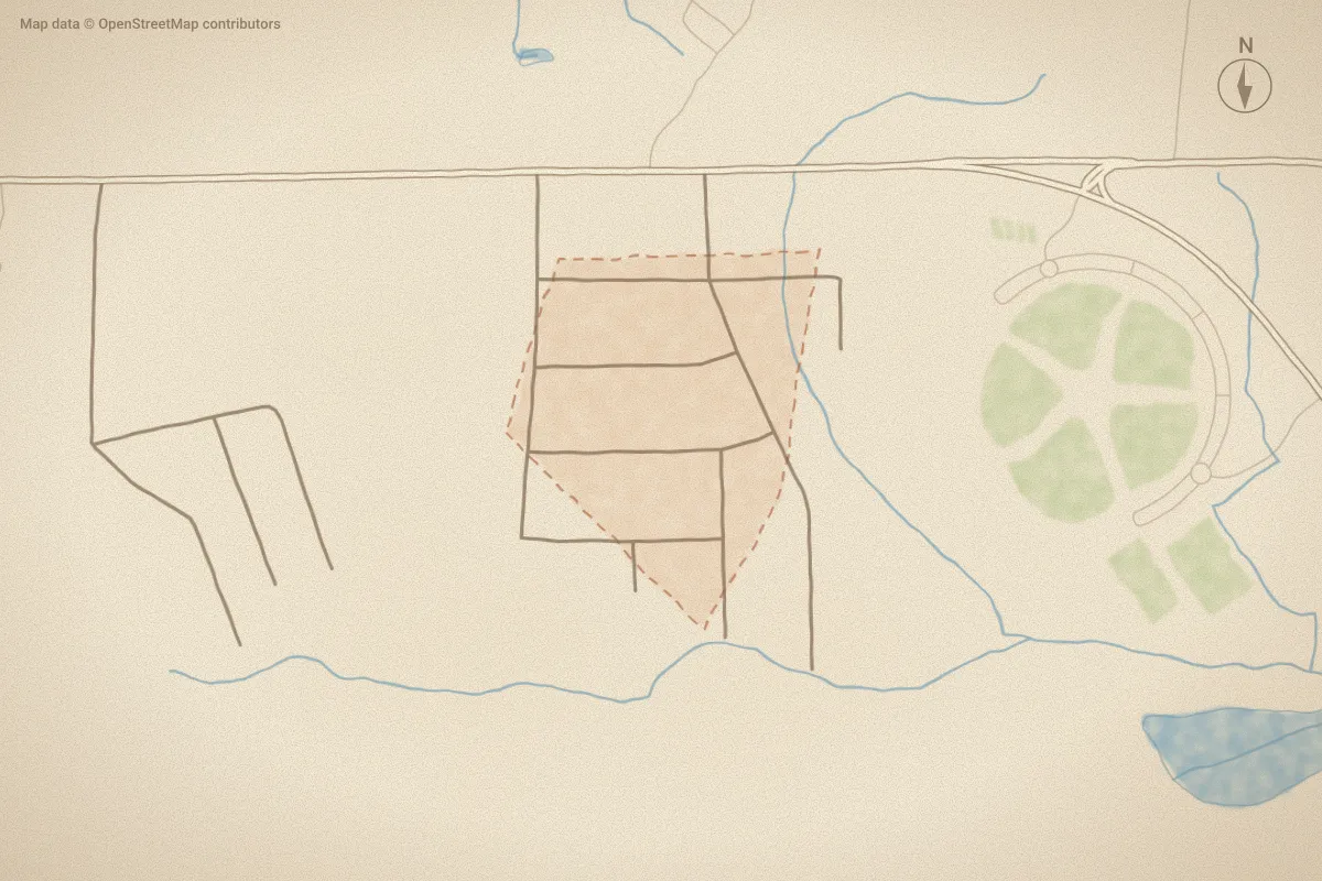 Watercolor map of Brentwood in Tarboro, NC, showing its streets, water and surroundings