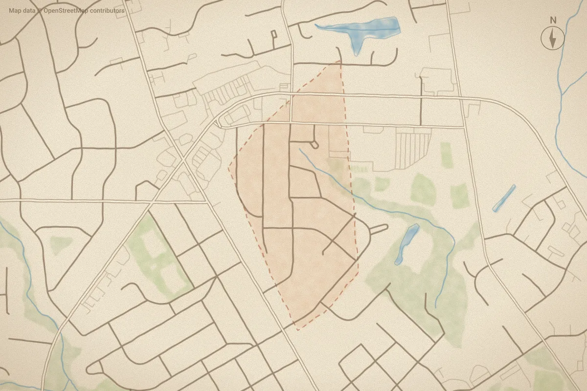 Watercolor map of Brentwood in Wilson, NC, showing its streets, water and surroundings