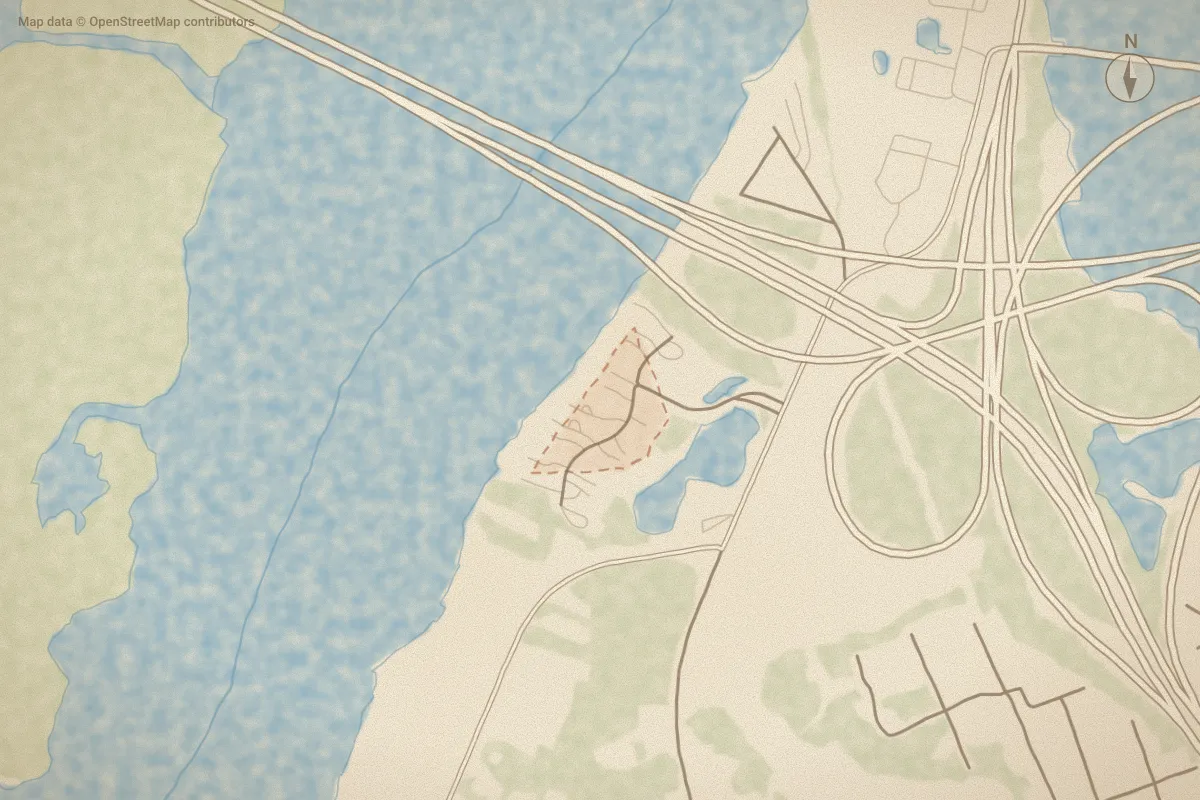 Watercolor map of Bridge Pointe in New Bern, NC, showing its streets, water and surroundings