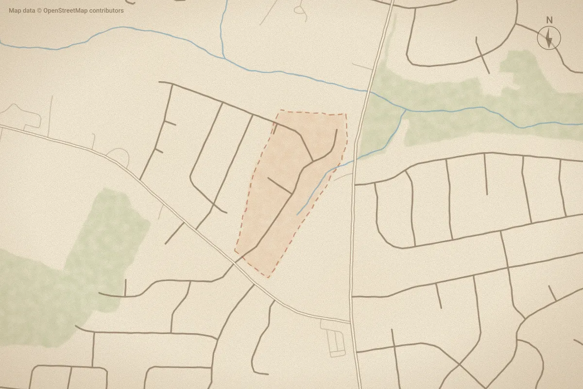 Watercolor map of Brier Creek in Winterville, NC, showing its streets, water and surroundings